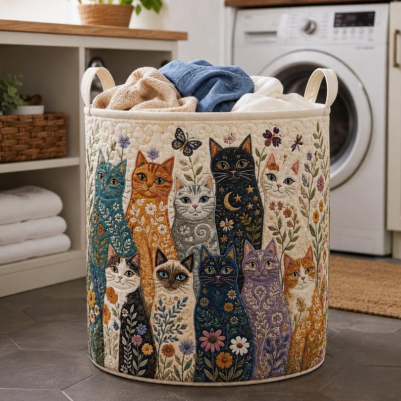 Cat Quilt Laundry Basket, Cute Cat Clothes Hamper, Floral Laundry Basket, Cat Lover Storage Bin, Bedroom Organizer
