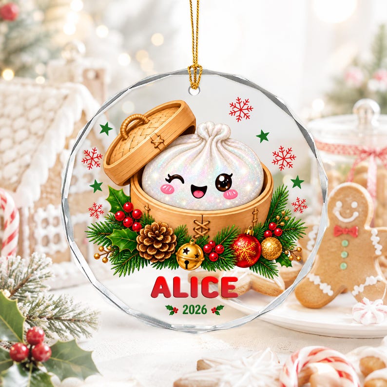 Personalized Glitter Dumpling Ornament, Custom Name Glass Christmas Ornament, Cute Squishy Dumpling Gift for Kids
