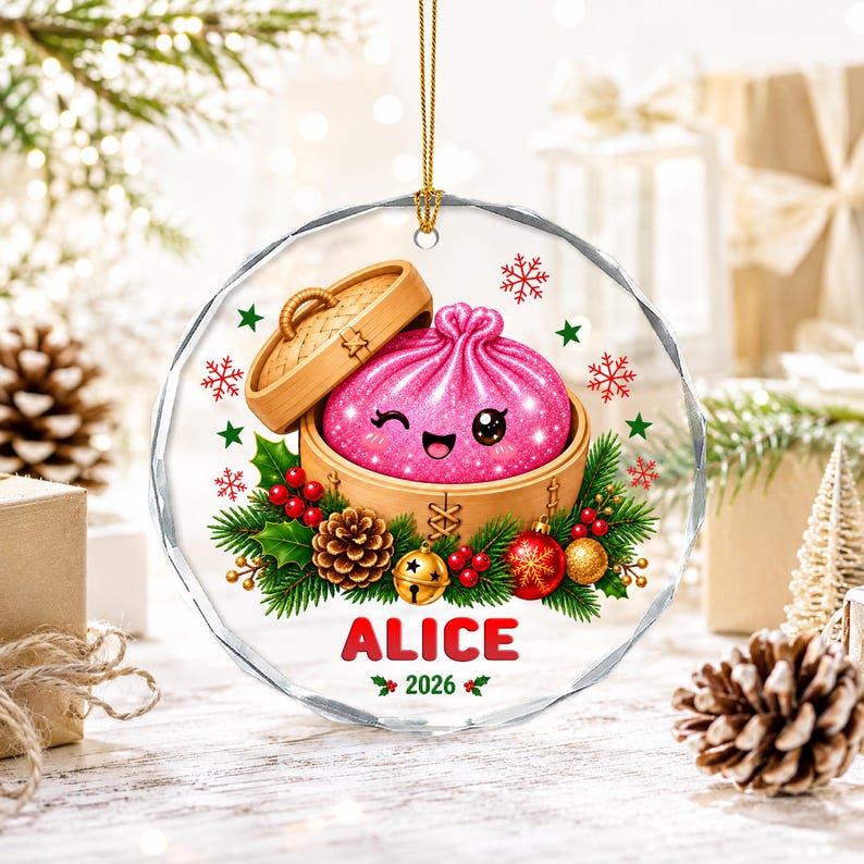 Personalized Glitter Dumpling Ornament, Custom Name Glass Christmas Ornament, Cute Squishy Dumpling Gift for Kids