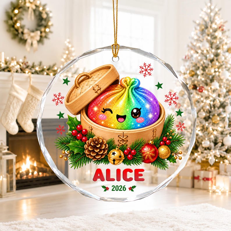 Personalized Glitter Dumpling Ornament, Custom Name Glass Christmas Ornament, Cute Squishy Dumpling Gift for Kids