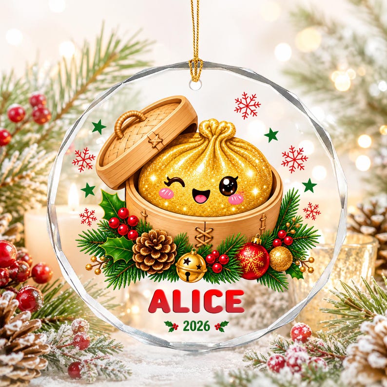 Personalized Glitter Dumpling Ornament, Custom Name Glass Christmas Ornament, Cute Squishy Dumpling Gift for Kids