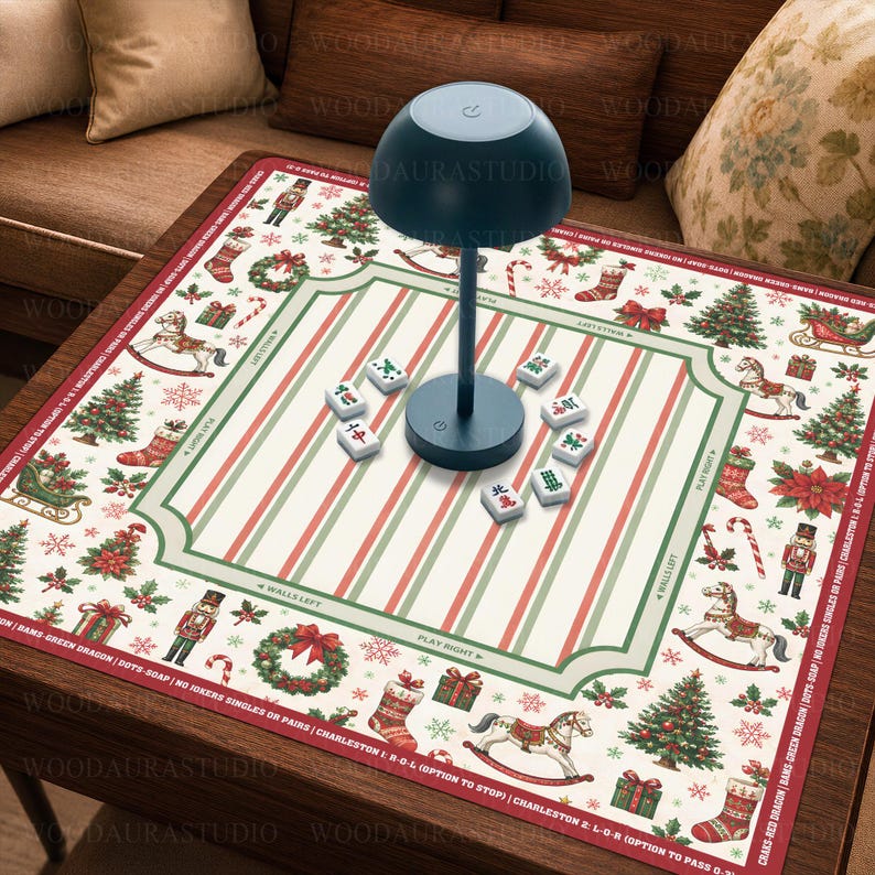 Christmas Nutcracker Holiday Mahjong Mat, Red Green Winter Game Mat, Festive Christmas Tree, Non-slip Table Cover