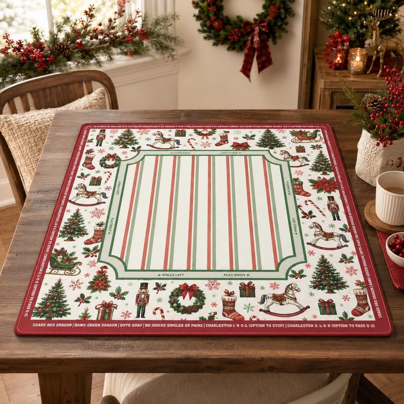 Christmas Nutcracker Holiday Mahjong Mat, Red Green Winter Game Mat, Festive Christmas Tree, Non-slip Table Cover