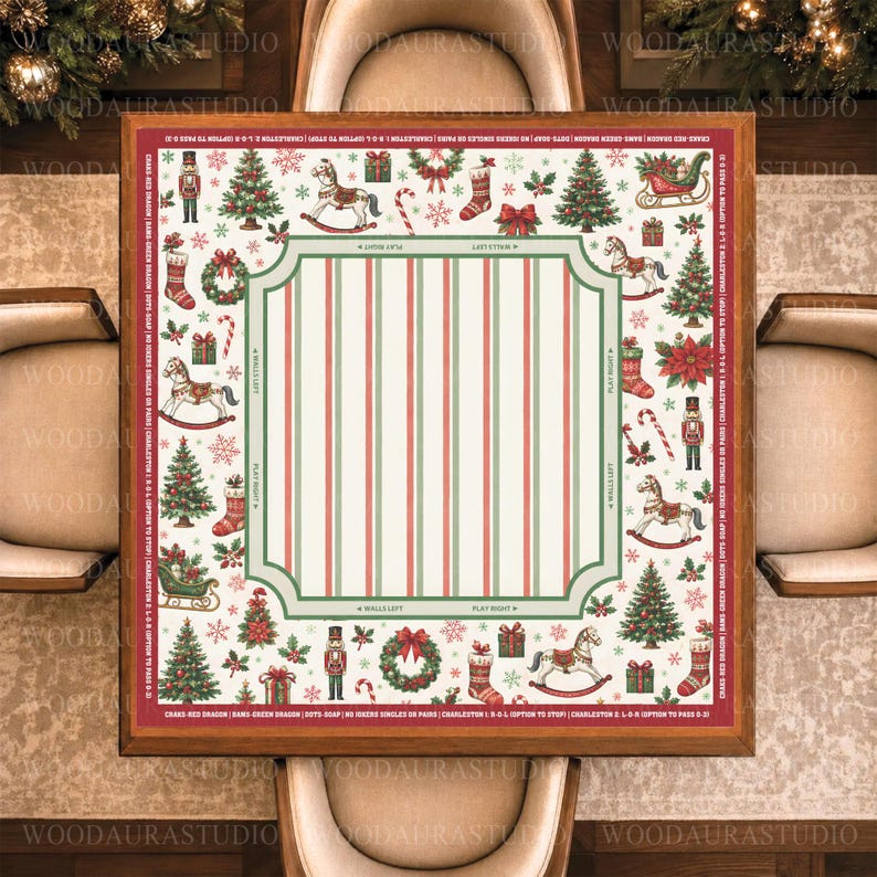 Christmas Nutcracker Holiday Mahjong Mat, Red Green Winter Game Mat, Festive Christmas Tree, Non-slip Table Cover