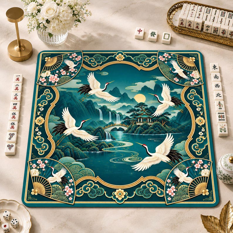 Emerald Crane Chinoiserie Mahjong Mat, Teal Gold Floral Table Cover, American Mahjong Gift