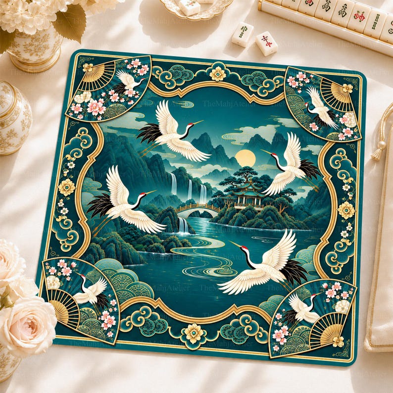 Emerald Crane Chinoiserie Mahjong Mat, Teal Gold Floral Table Cover, American Mahjong Gift