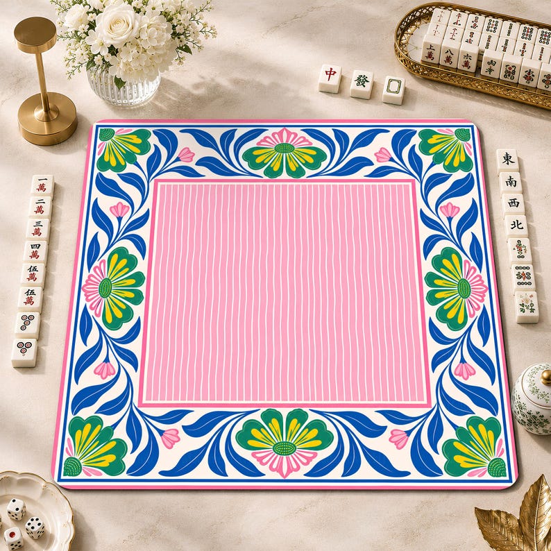 Preppy Retro Floral Mahjong Mat, Pink Blue Mahjong Table Cover, American Mahjong Gift, Non-Slip Table Cover