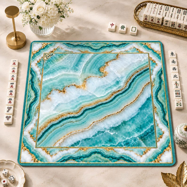 Aqua Agate Mahjong Mat, Teal Gold Marble Mahjong Table Cover, Luxury American Mahjong Gift, Non-Slip Table Cover