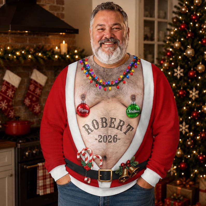 Personalized Santa Belly Christmas Sweater, Custom Name, Funny Xmas Gift for Men