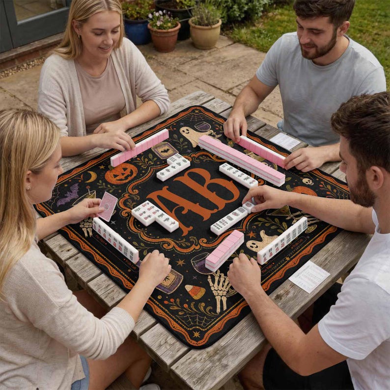 Personalized Halloween Mahjong Mat, Custom Monogram Table Cover, Gothic Pumpkin Mahjong, Spooky Game Night Mat