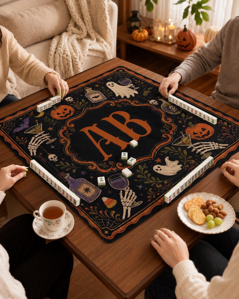 Personalized Halloween Mahjong Mat, Custom Monogram Table Cover, Gothic Pumpkin Mahjong, Spooky Game Night Mat