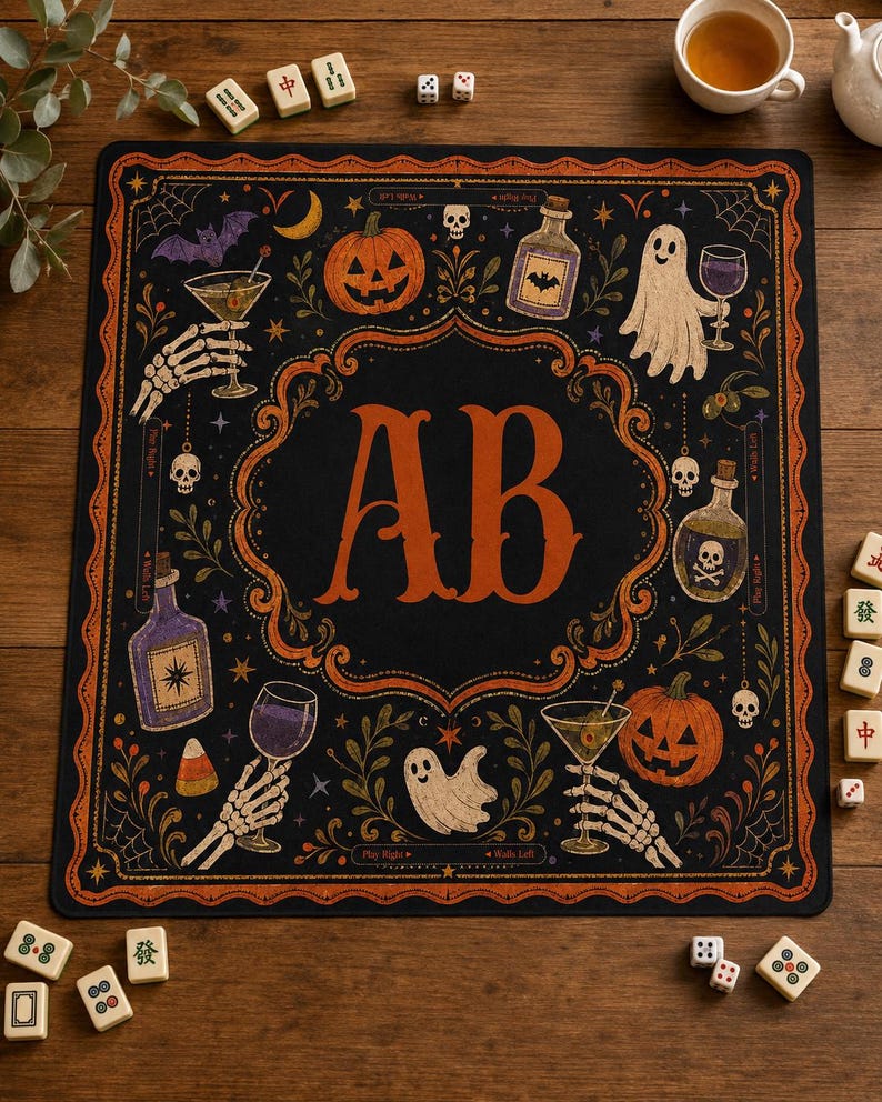 Personalized Halloween Mahjong Mat, Custom Monogram Table Cover, Gothic Pumpkin Mahjong, Spooky Game Night Mat