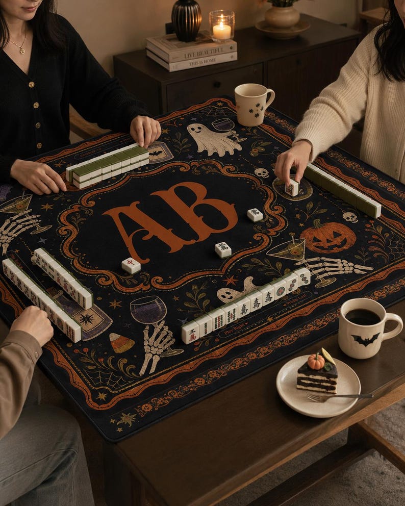 Personalized Halloween Mahjong Mat, Custom Monogram Table Cover, Gothic Pumpkin Mahjong, Spooky Game Night Mat