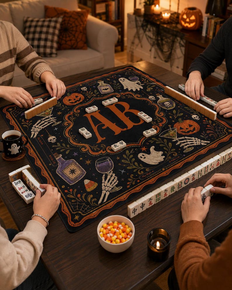 Personalized Halloween Mahjong Mat, Custom Monogram Table Cover, Gothic Pumpkin Mahjong, Spooky Game Night Mat