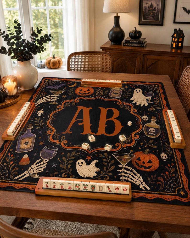 Personalized Halloween Mahjong Mat, Custom Monogram Table Cover, Gothic Pumpkin Mahjong, Spooky Game Night Mat