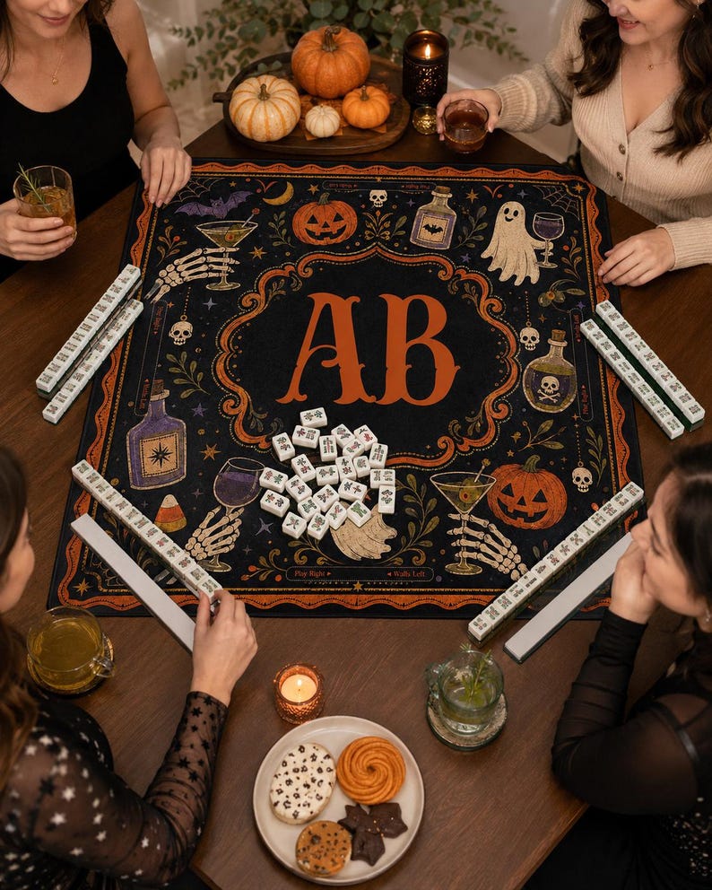 Personalized Halloween Mahjong Mat, Custom Monogram Table Cover, Gothic Pumpkin Mahjong, Spooky Game Night Mat