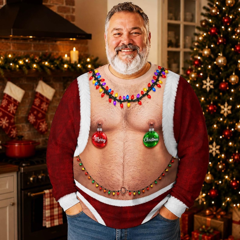 Funny Santa Belly Christmas Sweater, Customizable Body Type, Ugly Xmas Party Outfit