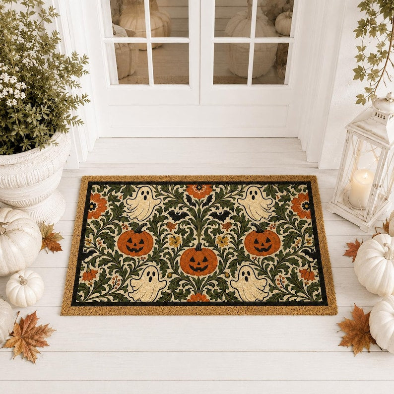 Vintage Ghost Pumpkin Door Mat, William Morris Inspired Fall Entry Rug
