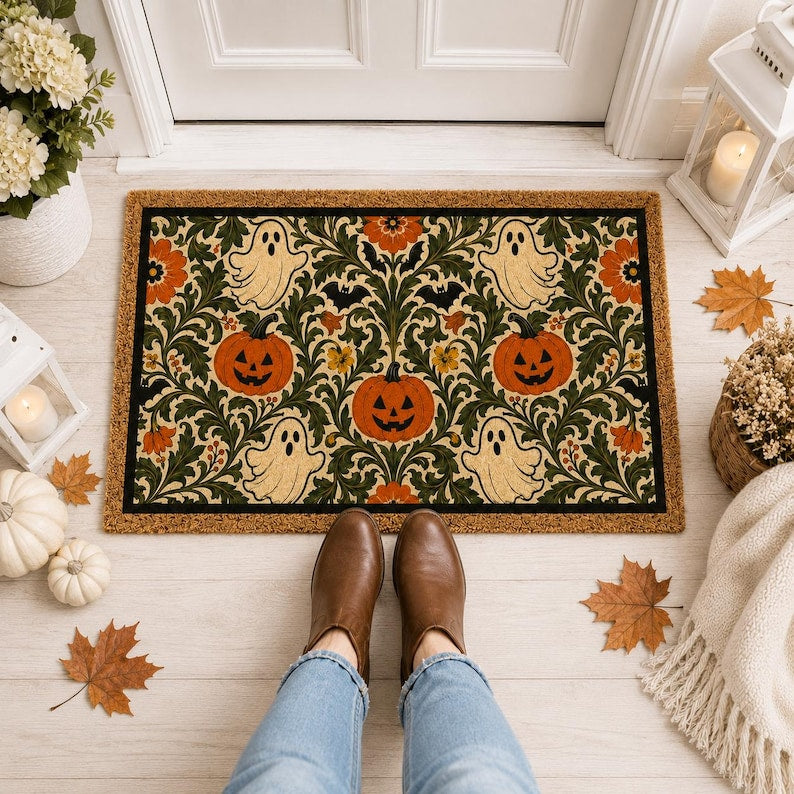 Vintage Ghost Pumpkin Door Mat, William Morris Inspired Fall Entry Rug