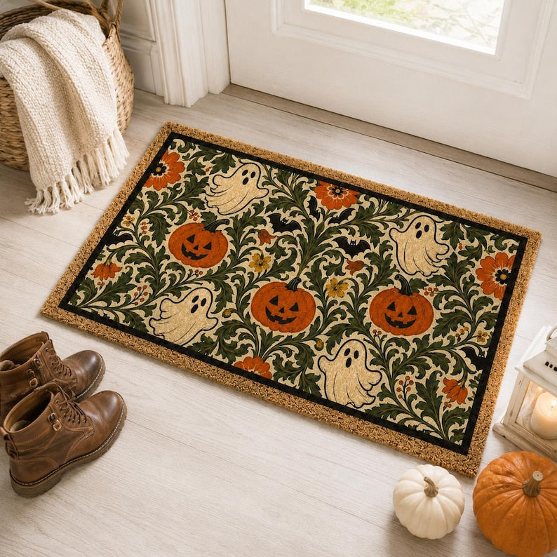 Vintage Ghost Pumpkin Door Mat, William Morris Inspired Fall Entry Rug