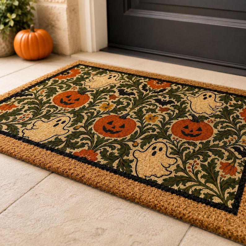 Vintage Ghost Pumpkin Door Mat, William Morris Inspired Fall Entry Rug