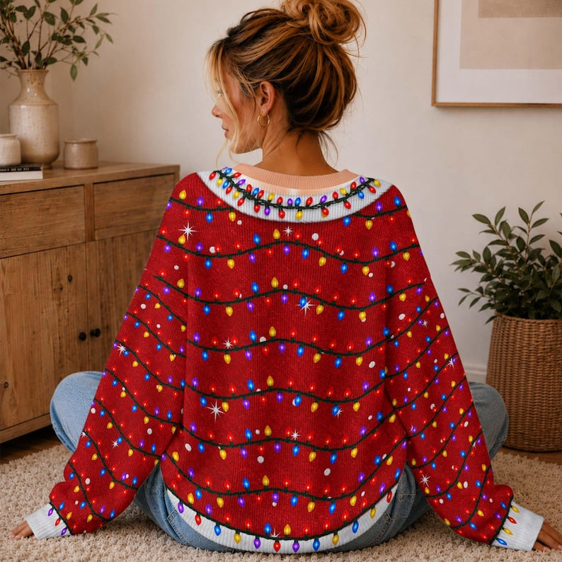 Funny Women's Christmas Sweater, Santa Body Illusion, Christmas Lights