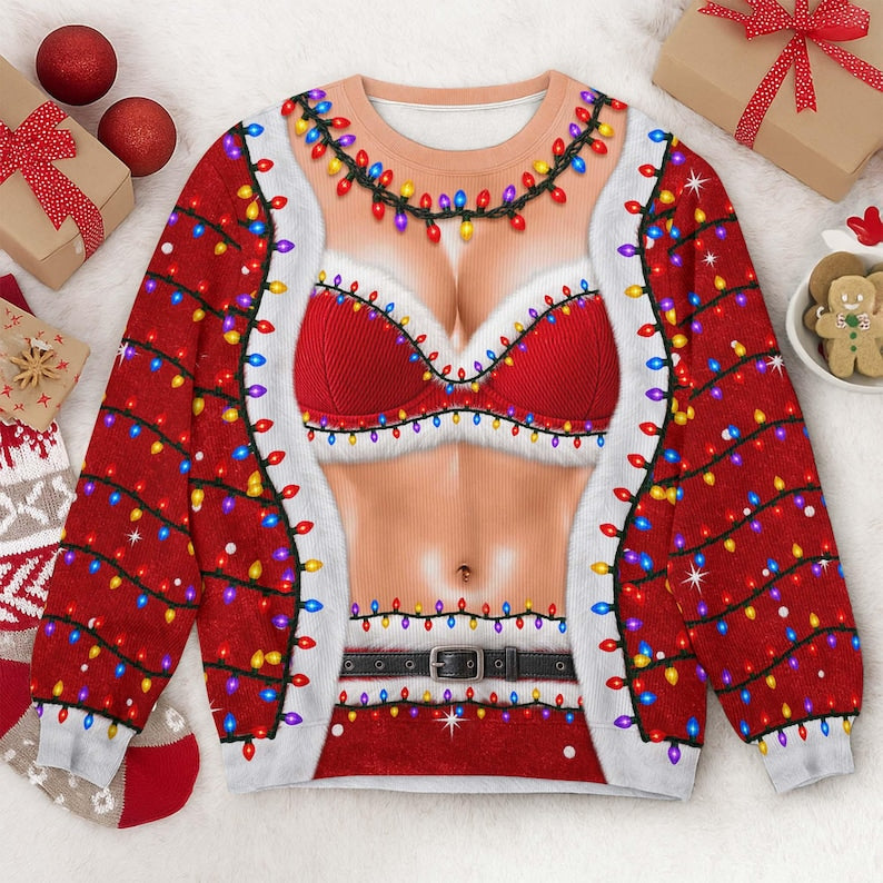 Funny Women's Christmas Sweater, Santa Body Illusion, Christmas Lights
