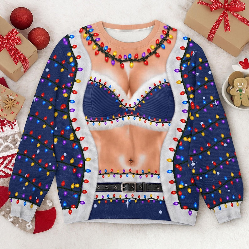 Funny Women's Christmas Sweater, Santa Body Illusion, Christmas Lights