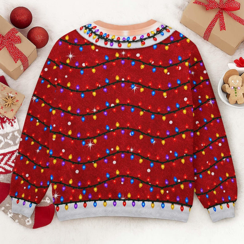 Funny Women's Christmas Sweater, Santa Body Illusion, Christmas Lights