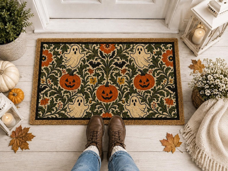 Vintage Ghost Pumpkin Door Mat, William Morris Inspired Fall Entry Rug