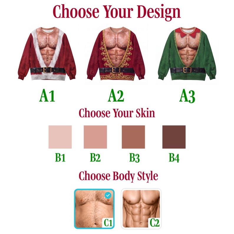 Funny Hairy Chest Ugly Christmas Sweater, Fake Abs Santa Holiday Party Sweatshirt, Hilarious Novelty Christmas Pullover for Men