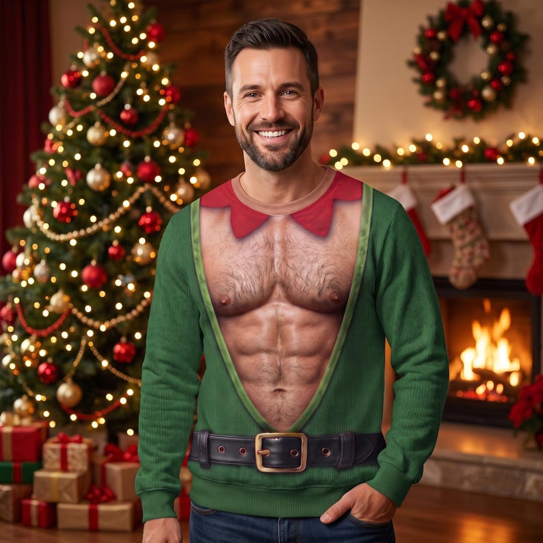 Funny Hairy Chest Ugly Christmas Sweater, Fake Abs Santa Holiday Party Sweatshirt, Hilarious Novelty Christmas Pullover for Men