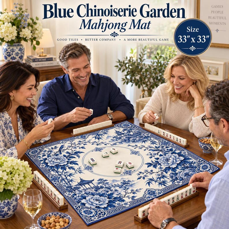 Blue Chinoiserie Garden Mahjong Mat, Non Slip American Mahjong Table Play Mat, Smooth Surface Game Mat