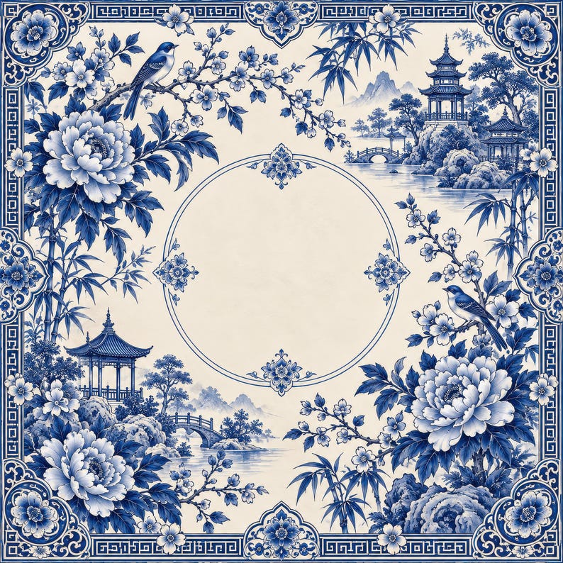 Blue Chinoiserie Garden Mahjong Mat, Non Slip American Mahjong Table Play Mat, Smooth Surface Game Mat