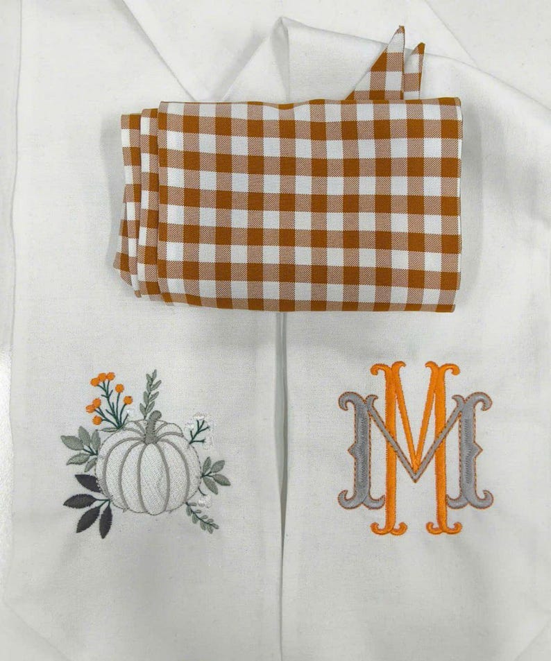 Embroidered Monogrammed White Pumpkin Thanksgiving Fall Wreath Sash, Autumn Sash Pumpkin Personalized Holiday Gift