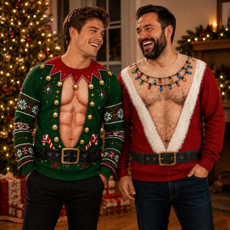 Funny Hairy Chest Ugly Christmas Sweater, Fake Abs Santa Sweatshirt, Novelty Holiday Party Pullover, Christmas Gag Gift