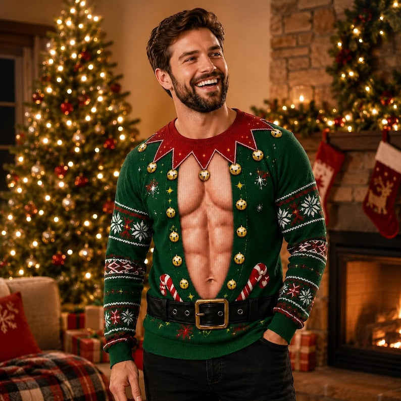 Funny Hairy Chest Ugly Christmas Sweater, Fake Abs Santa Sweatshirt, Novelty Holiday Party Pullover, Christmas Gag Gift