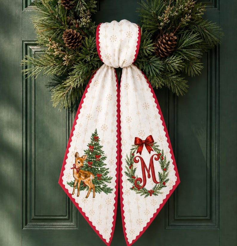 Personalized Deer Christmas Wreath Sash, Custom Monogram Door Sash, Christmas Wreath Bow, Holiday Door Decor