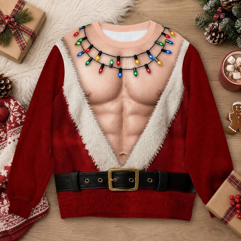 Funny 3D Fake Hairy Chest Christmas Sweatshirt, Birthday Gift For Husband, Santa Belly Sweatshirt, Ugly Xmas Party Shirt