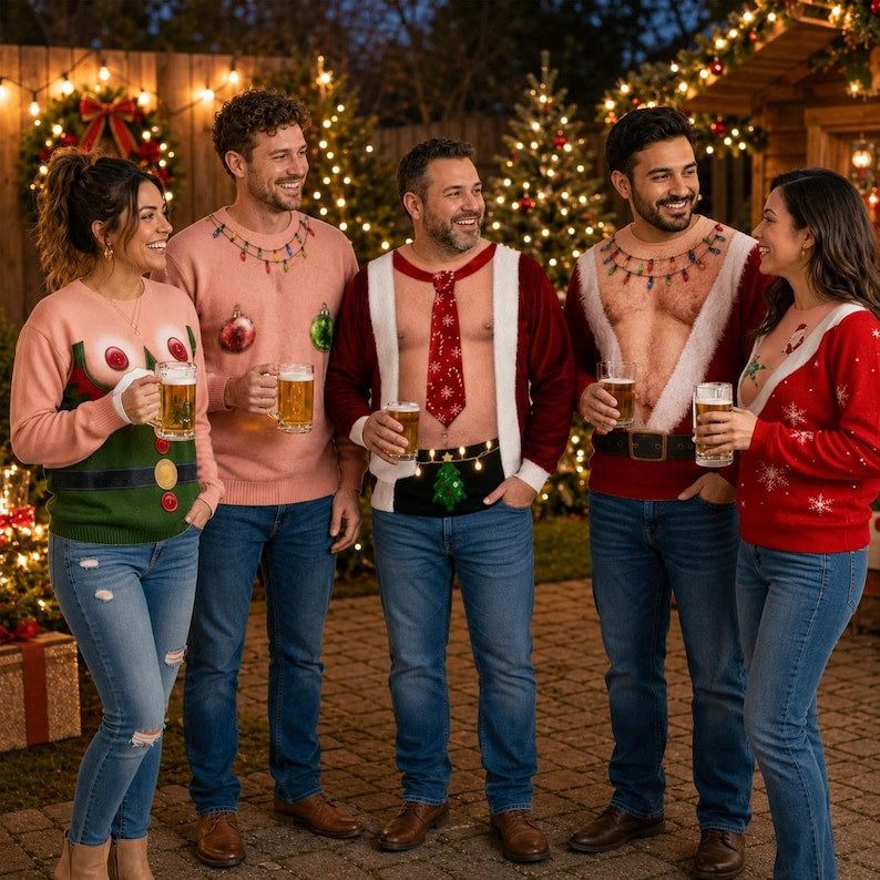 Funny 3D Fake Hairy Chest Christmas Sweatshirt, Birthday Gift For Husband, Santa Belly Sweatshirt, Ugly Xmas Party Shirt