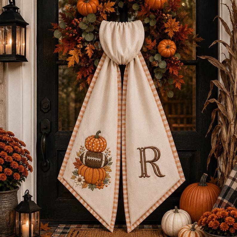 Embroidered Personalized Fall Kick Off Sash, Football Pumpkin Embroidered Ribbon, Monogram Front Door Decor