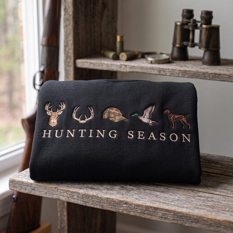 Embroidered Minimalist Hunting Season Sweatshirt, Deer Duck Turkey Icons