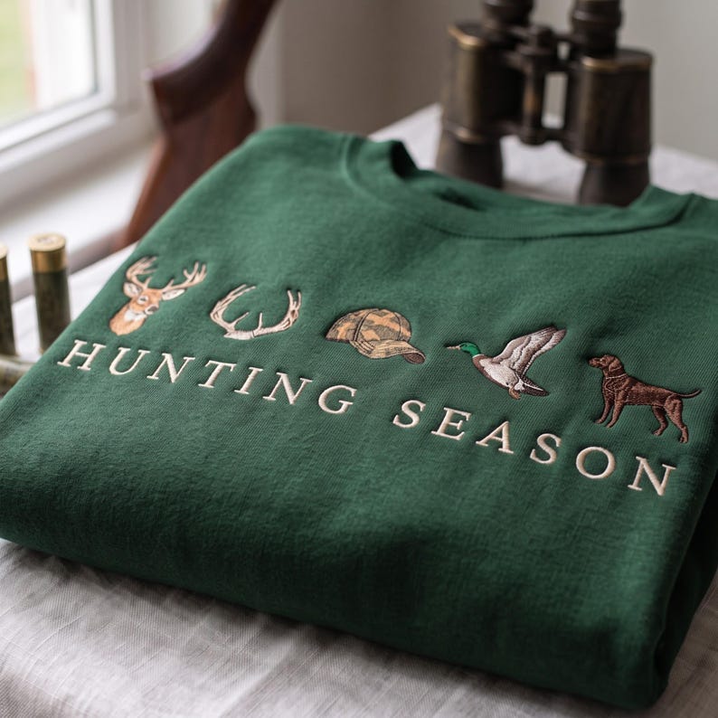 Embroidered Minimalist Hunting Season Sweatshirt, Deer Duck Turkey Icons
