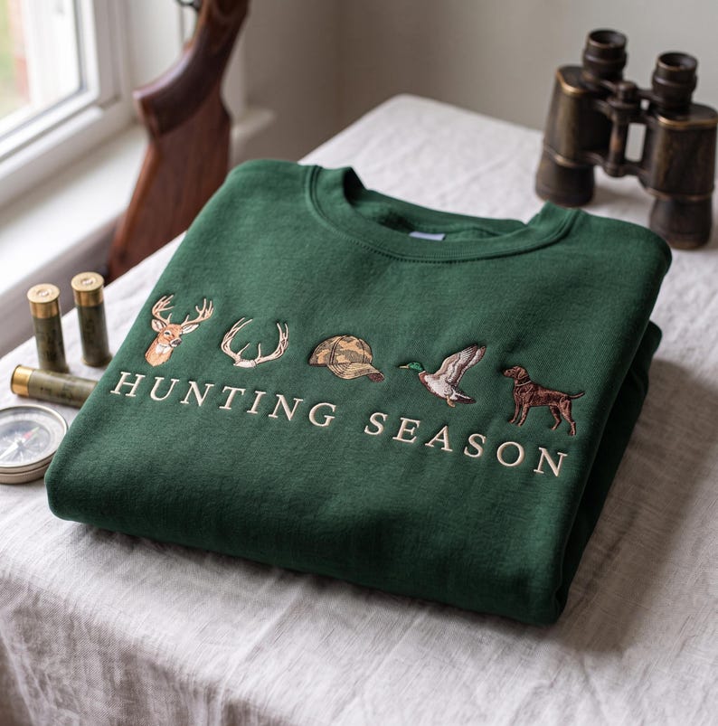 Embroidered Minimalist Hunting Season Sweatshirt, Deer Duck Turkey Icons