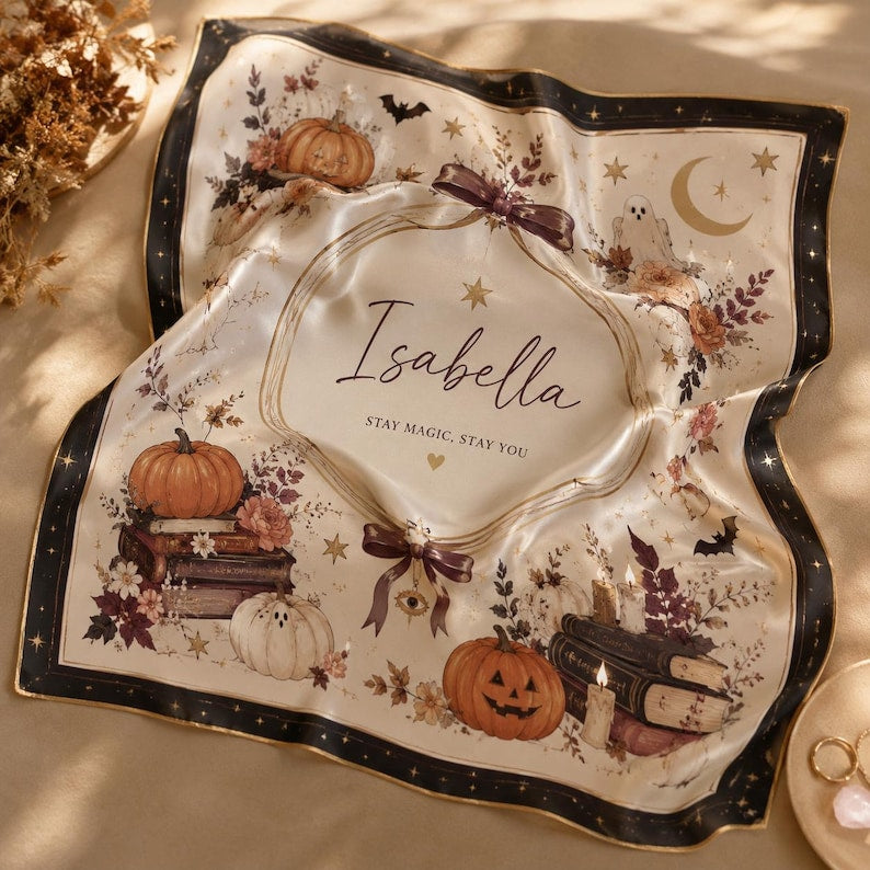 Personalized Halloween Satin Scarf, Custom Name Square Scarf, Spooky Fall Hair Wrap, Neck Scarf, Halloween Gift