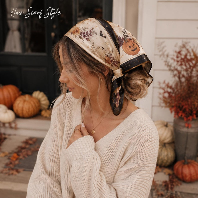 Personalized Halloween Satin Scarf, Custom Name Square Scarf, Spooky Fall Hair Wrap, Neck Scarf, Halloween Gift