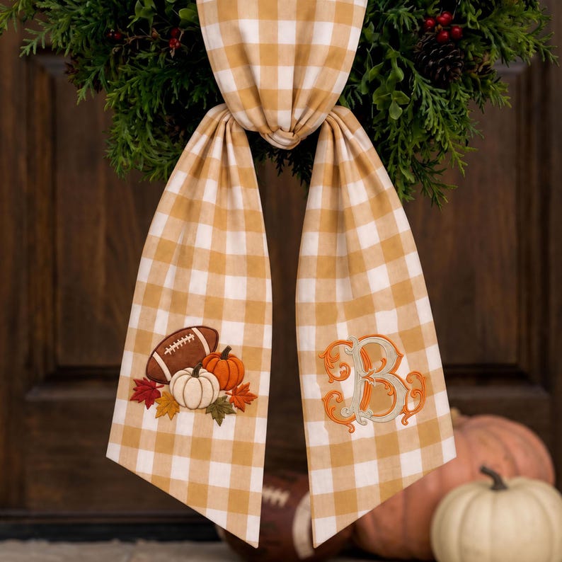 Personalized Football Pumpkin Monogram Door Bow, Embroidered Fall Kick Off Wreath Sash, Housewarming Gift