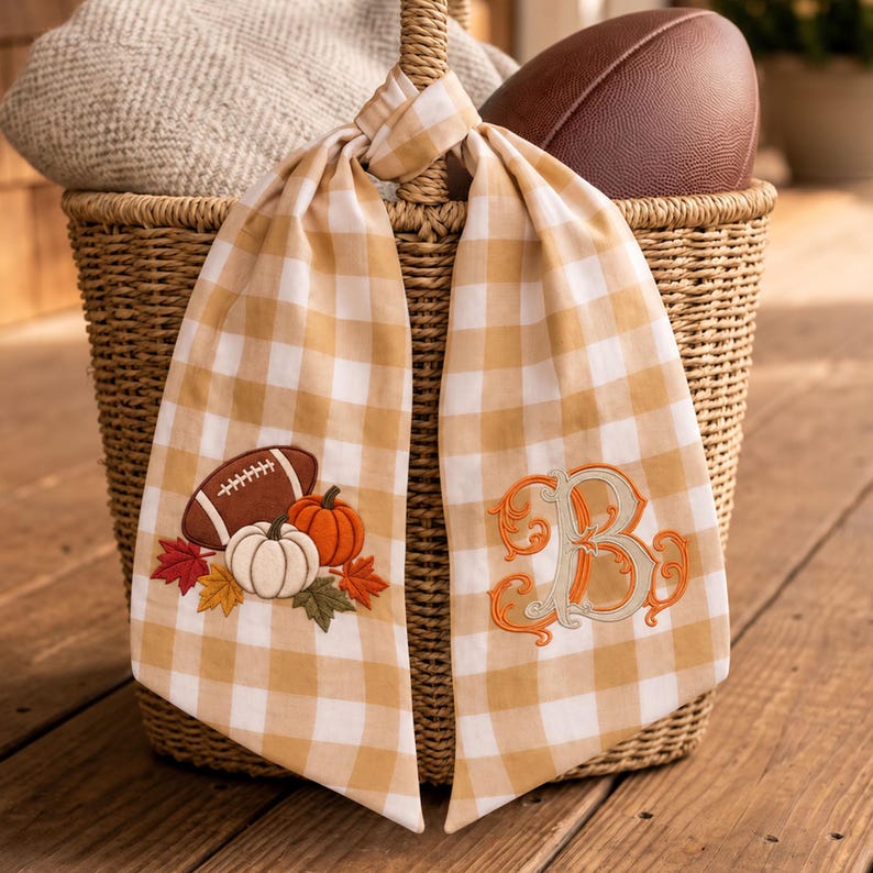 Personalized Football Pumpkin Monogram Door Bow, Embroidered Fall Kick Off Wreath Sash, Housewarming Gift
