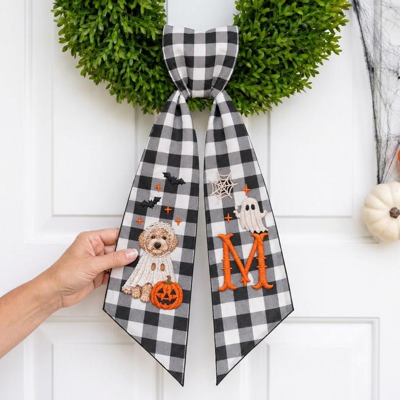 Personalized Auntie Halloween Wreath Sash, Custom Embroidered Pet Portrait from Photo, Monogram Door Bow
