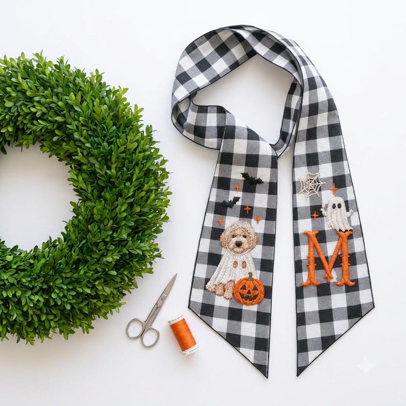 Personalized Auntie Halloween Wreath Sash, Custom Embroidered Pet Portrait from Photo, Monogram Door Bow